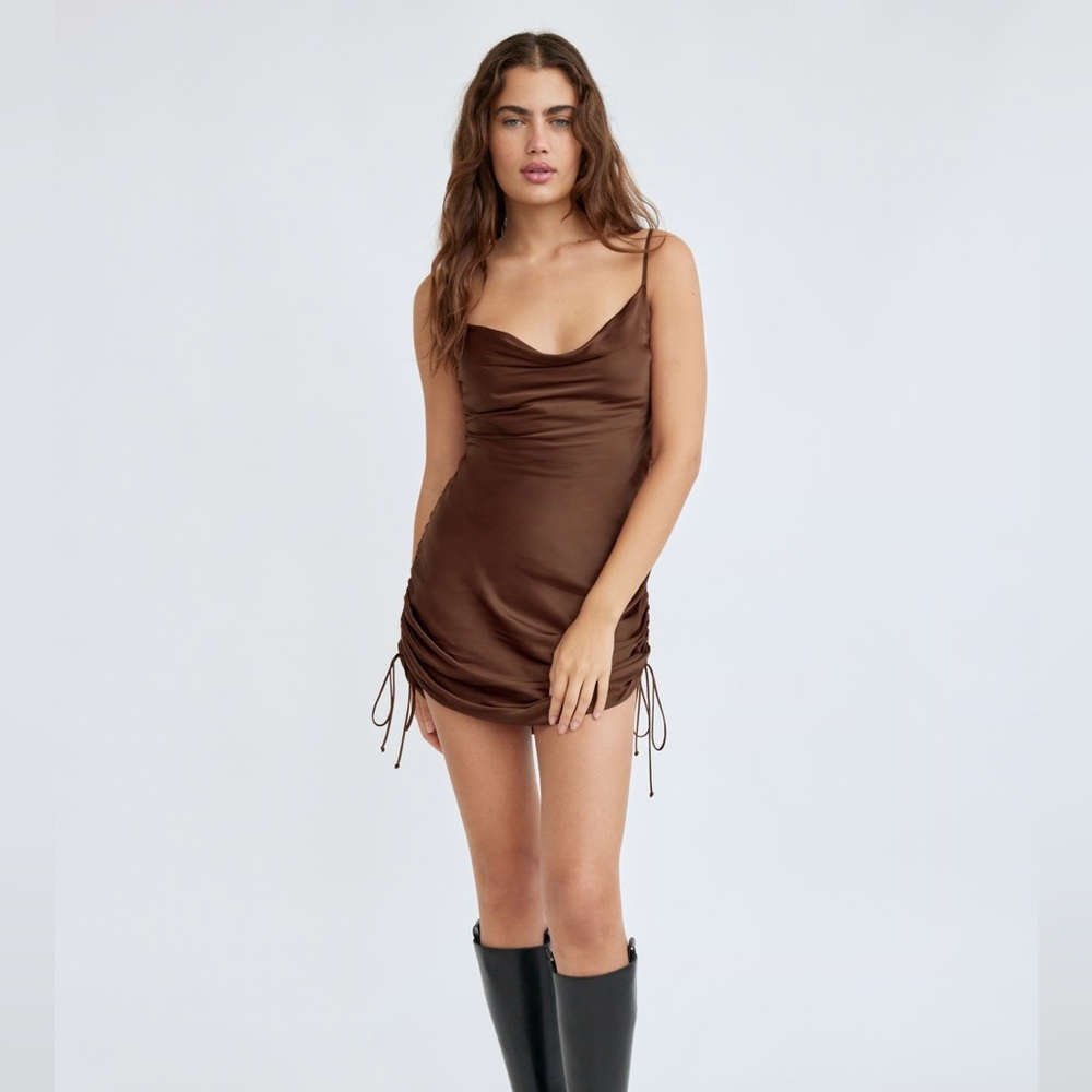 Aritzia Wilfred Brown Side Tie Satin Dress